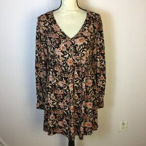 Knox Rose Mini Dress XS Woman Black Floral Long Sleeve Boho V-neck Rayon Empired